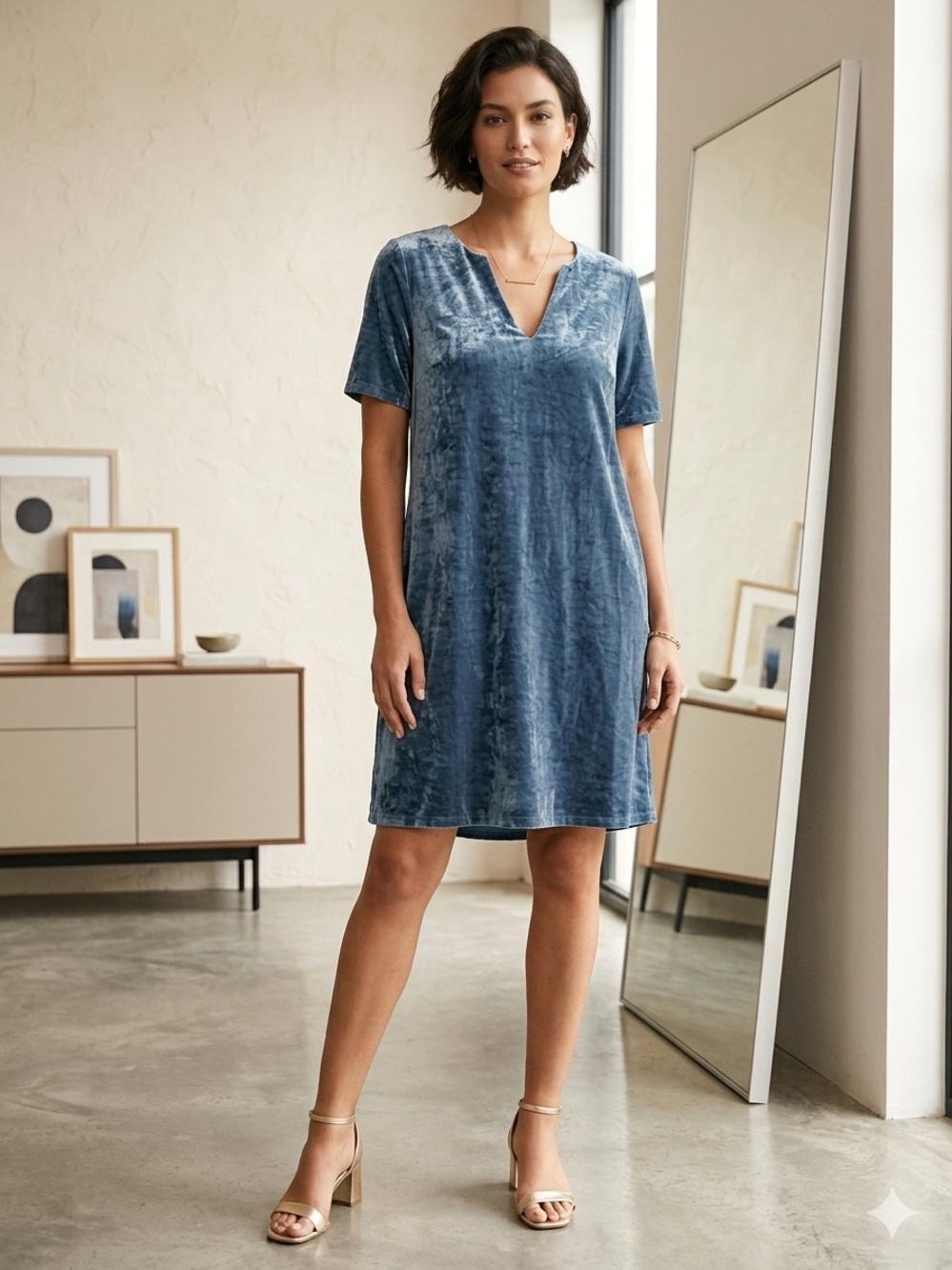Sundance Dusty Midnight Blue Velvet Shift, V-Neck, Midi Dress EUC Size L